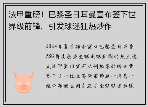 法甲重磅！巴黎圣日耳曼宣布签下世界级前锋，引发球迷狂热炒作
